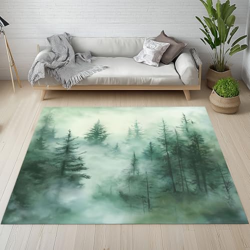 Dpvbffx Misty Wald Teppich Wohnzimmer, Aquarell Tannenbaum Kurzflor Teppich 140x200 cm, Natur Landschaft Teppiche Antirutsch Weich Waschbare Teppiche Kinderzimmer Schlafzimmer Bettvorleger von Dpvbffx