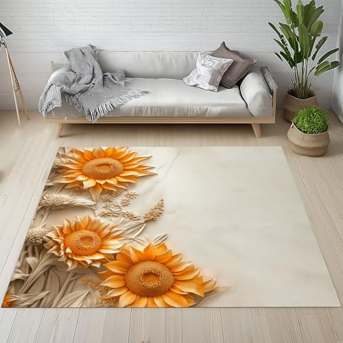 Dpvbffx Modern Kunst Blumen Teppich Groß 200x290 cm, Pflanzen Sonnenblume Waschbare Teppiche Antirutsch, Rustikale Landhausstil Teppich Kurzflor Fur Wohnzimmer Schlafzimmer Kinderzimmer Bettvorleger von Dpvbffx