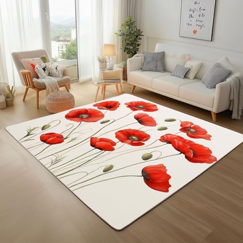 Dpvbffx Mohnblume Fußmatte 40x60 cm, Rot Blumenmotiv Teppich Klein rutschfest, Frühling Botanisch Blumen Teppich Kurzflor, Waschbarer Teppiche Gegend Schmutzfangmatte fur Innen Outdoor Eingang von Dpvbffx