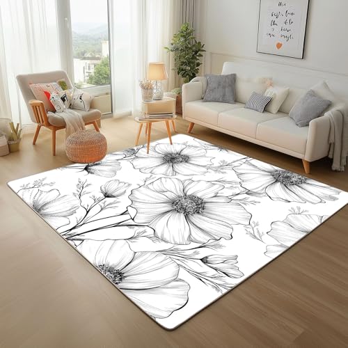 Dpvbffx Mohnblume Fußmatte 40x60 cm, Schwarz Weiß Blumen Teppich Klein rutschfest, Handgezeichnet Skizze Teppich Kurzflor, Waschbarer Teppiche Gegend Schmutzfangmatte fur Innen Outdoor Eingang von Dpvbffx