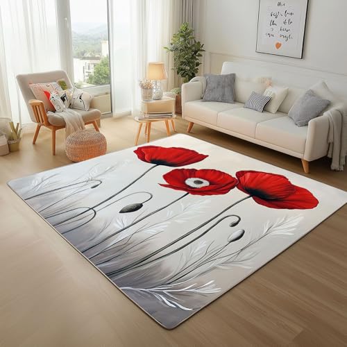 Dpvbffx Mohnblume Teppich rutschfest, Rot Blumenmuster Teppich Wohnzimmer 100x150 cm, Modern Elegant Floral Teppiche Kurzflor Waschbare fur Schlafzimmer Badezimmer Kinderzimmer Schmutzfangteppich von Dpvbffx