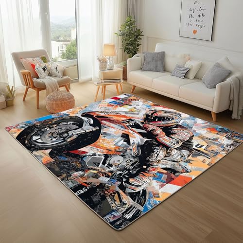 Dpvbffx Motorrad Fahrer Teppich rutschfest Weich, Motocross Teppich Wohnzimmer 80x120 cm, Extremsport Thema Teppiche Kurzflor Waschbare fur Schlafzimmer Badezimmer Kinderzimmer Schmutzfangteppich von Dpvbffx