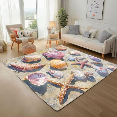 Dpvbffx Muschel Seestern Teppich rutschfest, Ozean Meeresmotiv Teppich Wohnzimmer 80x120 cm, Strand Meereslebewesen Teppiche Kurzflor fur Schlafzimmer Badezimmer Kinderzimmer Schmutzfangteppich von Dpvbffx
