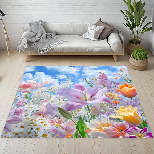 Dpvbffx Natur Pflanzen Blumen Teppich rutschfest Weich, Bunt Frühlingsblumen Teppich Wohnzimmer 80x120 cm, Botanisch Teppiche Kurzflor Waschbare fur Schlafzimmer Badezimmer Kinderzimmer von Dpvbffx