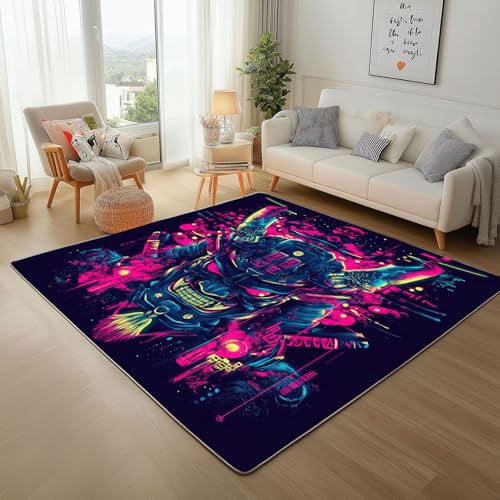 Dpvbffx Neon Samurai Fußmatte 40x60 cm, Japanischer Stil Anime Teppich Klein rutschfest, Cyberpunk Gamer Teppich Kurzflor, Waschbarer Teppiche Gegend Schmutzfangmatte fur Innen Outdoor Eingang von Dpvbffx
