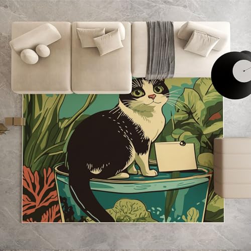 Dpvbffx Nette Katzenmotiv Teppich Wohnzimmer Schlafzimmer, Haustier Kätzchen Kurzflor Teppich 120x170 cm, Karikatur Illustration Teppiche Antirutsch Weich Waschbare Teppiche Kinderzimmer Bettvorleger von Dpvbffx