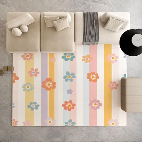 Dpvbffx Niedlich Blumen Teppich Groß 200x290 cm, Bunt Streifen Muster Waschbare Teppiche Antirutsch, Karikatur Landhausstil Teppich Weich Kurzflor Fur Wohnzimmer Schlafzimmer Kinderzimmer Bettvorleger von Dpvbffx
