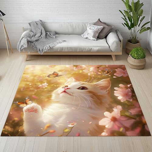 Dpvbffx Niedlich Kätzchen Teppich Groß 245x300 cm, Schmetterling Katze Blumen Waschbare Teppiche Antirutsch, Süß Tier Haustier Teppich Kurzflor Fur Wohnzimmer Schlafzimmer Kinderzimmer Bettvorleger von Dpvbffx