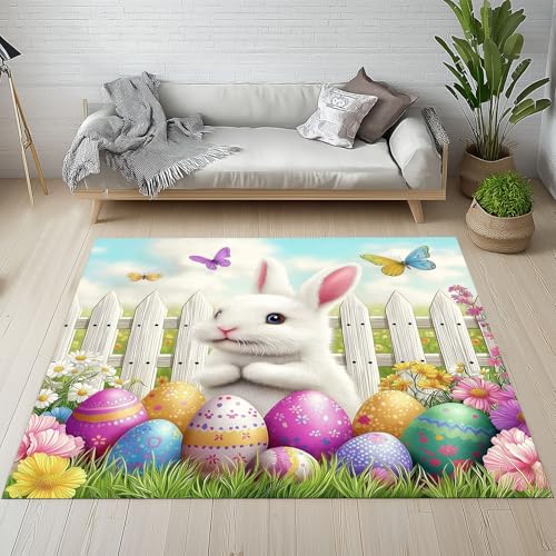 Dpvbffx Niedlich Kaninchen Fußmatte 40x60 cm, Karikatur Süße Tiermotiv Teppich Klein rutschfest, Mehrfarbig Ostereier Teppich Kurzflor, Teppiche Gegend Schmutzfangmatte fur Innen Outdoor Eingang von Dpvbffx