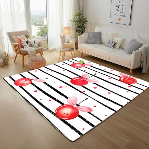 Dpvbffx Niedlich Kirsche Teppich rutschfest, Schwarz Weiß Gestreift Teppich Wohnzimmer 100x150 cm, Tropisch Obst Ornament Teppiche Kurzflor Waschbare fur Schlafzimmer Kinderzimmer Schmutzfangteppich von Dpvbffx