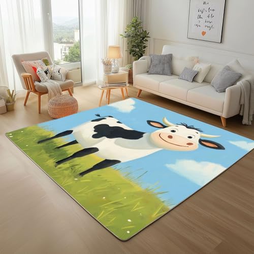 Dpvbffx Niedlich Kuh Teppich rutschfest, Karikatur Bauernhof Tier Teppich Wohnzimmer 80x120 cm, Süße Tiermotiv Teppiche Kurzflor Waschbare fur Schlafzimmer Badezimmer Kinderzimmer Schmutzfangteppich von Dpvbffx