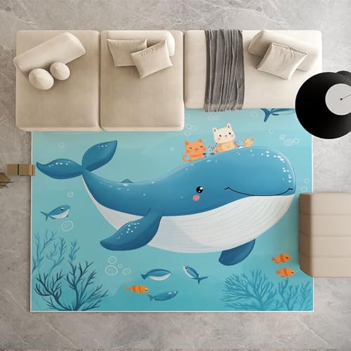 Dpvbffx Niedlich Wal Kätzchen Teppich Groß 160x230 cm, Karikatur Meerestier Waschbare Teppiche Antirutsch, Unterwasserwelt Teppich Weich Kurzflor Fur Wohnzimmer Schlafzimmer Kinderzimmer Bettvorleger von Dpvbffx