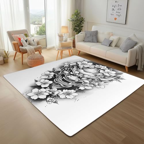 Dpvbffx Oni Maske Teppich rutschfest, Japanischer Stil Tattoo Teppich Wohnzimmer 100x150 cm, Asien Kultur Kunst Teppiche Kurzflor Waschbare fur Schlafzimmer Badezimmer Kinderzimmer Schmutzfangteppich von Dpvbffx