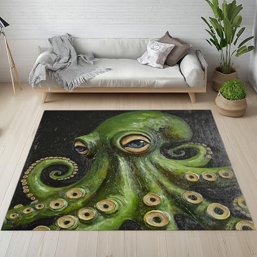 Dpvbffx Ozean Krake Teppich rutschfest Weich, Ölgemälde Meerestier Teppich Wohnzimmer 80x150 cm, Marine Leben Teppiche Kurzflor Waschbare fur Schlafzimmer Badezimmer Kinderzimmer Schmutzfangteppich von Dpvbffx