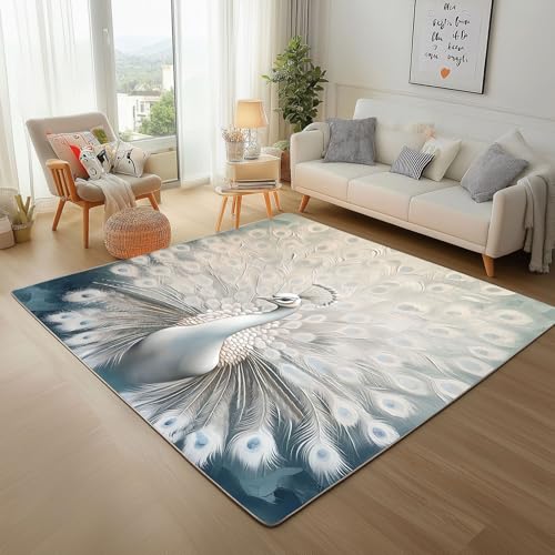 Dpvbffx Pfau Teppich rutschfest Weich, Aesthetic Elegant Pfau Teppich Wohnzimmer 80x150 cm, Wildtier Tiermuster Teppiche Kurzflor Waschbare fur Schlafzimmer Badezimmer Kinderzimmer Schmutzfangteppich von Dpvbffx