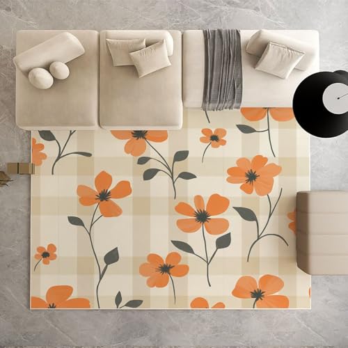 Dpvbffx Pflanzen Blumen Gingham Teppich Groß 200x290 cm, Landhausstil Kariert Teppiche Antirutsch, Geometrisch Karomuster Teppich Kurzflor Fur Wohnzimmer Schlafzimmer Kinderzimmer Bettvorleger von Dpvbffx