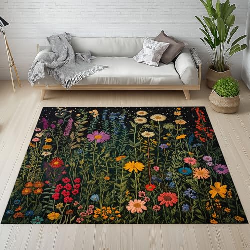 Dpvbffx Pflanzenmuster Teppich Wohnzimmer, Bunt Wildblumen Kurzflor Teppich 140x200 cm, Frühling Natur Botanisch Teppiche Antirutsch Weich Waschbare Teppiche Kinderzimmer Schlafzimmer Bettvorleger von Dpvbffx