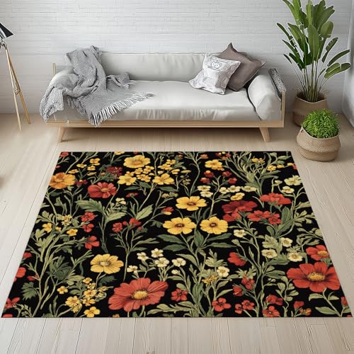 Dpvbffx Pflanzenmuster Teppich rutschfest Weich, Rustikale Wildblumen Teppich Wohnzimmer 80x120 cm, Botanisch Floral Teppiche Kurzflor fur Schlafzimmer Badezimmer Kinderzimmer Schmutzfangteppich von Dpvbffx