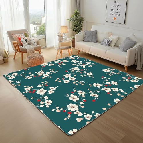 Dpvbffx Pflaumenblüte Teppich Groß 160x230 cm, Rustikale Blumenmuster Waschbare Teppiche Antirutsch, Bauernhaus Landhaus Teppich Weich Kurzflor Fur Wohnzimmer Schlafzimmer Kinderzimmer Bettvorleger von Dpvbffx