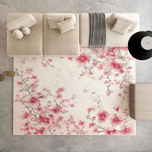 Dpvbffx Pflaumenblüte Teppich Wohnzimmer Schlafzimmer, Aquarell Blumenmuster Kurzflor Teppich 140x200 cm, Landhausstil Floral Teppiche Antirutsch Weich Waschbare Teppiche Kinderzimmer Bettvorleger von Dpvbffx