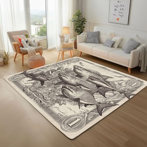 Dpvbffx Predator Hai Teppich Rutschfest, Nautische Meereslebewesen Teppich Wohnzimmer 80x150 cm, Handgezeichnet Meerestier Teppiche Kurzflor fur Schlafzimmer Badezimmer Kinderzimmer Schmutzfangteppich von Dpvbffx