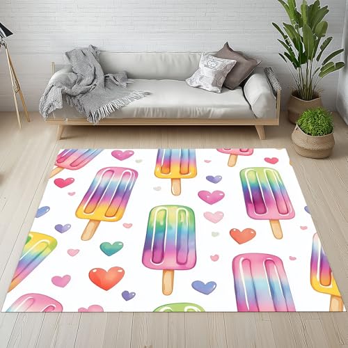 Dpvbffx Regenbogen Eiscreme Fußmatte 50x80 cm, Bunt Liebe Herz Teppich Klein rutschfest, Sommer Karikatur Teppich Kurzflor, Waschbarer Teppiche Gegend Schmutzfangmatte fur Innen Outdoor Eingang von Dpvbffx