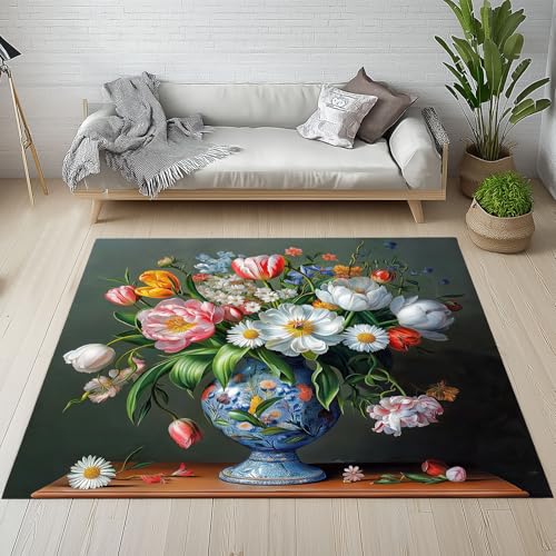 Dpvbffx Retro Vase Blumen Teppich Wohnzimmer Schlafzimmer, Botanisch Floral Kurzflor Teppich 160x200 cm, Mehrfarbig Pflanzen Teppiche Antirutsch Weich Waschbare Teppiche Kinderzimmer Bettvorleger von Dpvbffx