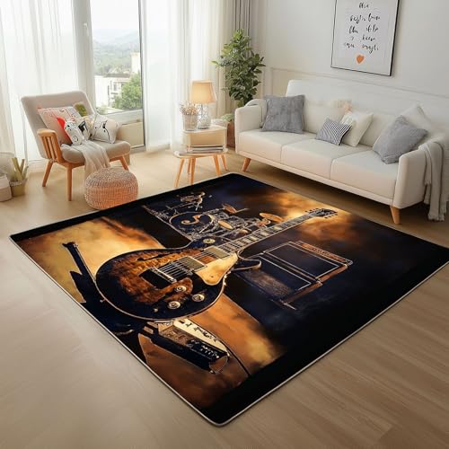 Dpvbffx Rock Gitarre Teppich rutschfest Weich, Retro Musik Thema Teppich Wohnzimmer 80x120 cm, Musikinstrument Teppiche Kurzflor Waschbare fur Schlafzimmer Badezimmer Kinderzimmer Schmutzfangteppich von Dpvbffx