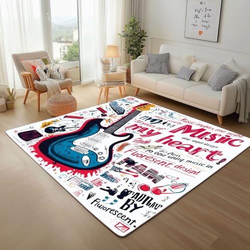 Dpvbffx Rockmusik Teppich rutschfest Weich, Gitarre Musikinstrument Teppich Wohnzimmer 80x150 cm, Musik Thema Teppiche Kurzflor Waschbare fur Schlafzimmer Badezimmer Kinderzimmer Schmutzfangteppich von Dpvbffx