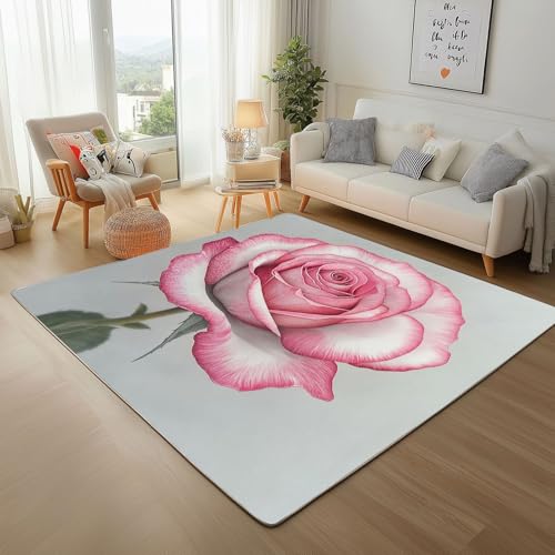 Dpvbffx Rosa Rose Fußmatte 60x90 cm, Modern Romantisch Blumen Teppich Klein rutschfest, Pflanzen Botanisch Teppich Kurzflor, Waschbarer Teppiche Gegend Schmutzfangmatte fur Innen Outdoor Eingang von Dpvbffx