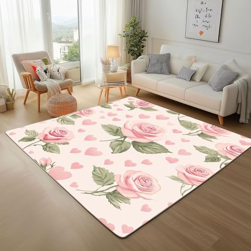 Dpvbffx Rosa Rose Teppich Wohnzimmer, Liebe Herz Blumen Kurzflor Teppich 120x170 cm, Landhaus Modern Romantisch Teppiche Antirutsch Weich Waschbare Teppiche Kinderzimmer Schlafzimmer Bettvorleger Dpvbffx Rosa Rose Teppich Wohnzimmer, Liebe Herz Blumen Kurzflor Teppich 120x170 cm, Landhaus Modern Romantisch Teppiche Antirutsch Weich Waschbare Teppiche Kinderzimmer Schlafzimmer Bettvorleger von Dpvbffx