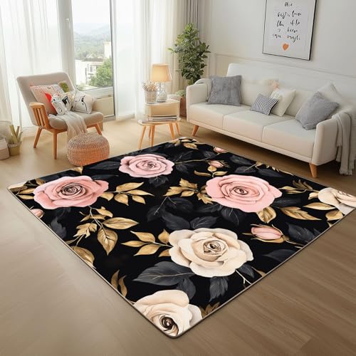 Dpvbffx Rose Blumen Teppich Rutschfest, Vintage Romantisch Teppich Wohnzimmer 80x150 cm, Blumen Pflanzen Blätter Teppiche Kurzflor Waschbare fur Schlafzimmer Badezimmer Kinderzimmer Schmutzfangteppich von Dpvbffx