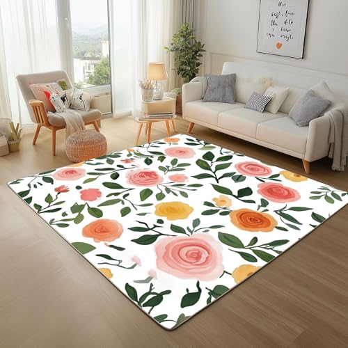 Dpvbffx Rosenmuster Teppich Wohnzimmer, Landhausstil Blumen Kurzflor Teppich 140x200 cm, Aquarell Pflanzen Blätter Teppiche Antirutsch Weich Waschbare Teppiche Kinderzimmer Schlafzimmer Bettvorleger Dpvbffx Rosenmuster Teppich Wohnzimmer, Landhausstil Blumen Kurzflor Teppich 140x200 cm, Aquarell Pflanzen Blätter Teppiche Antirutsch Weich Waschbare Teppiche Kinderzimmer Schlafzimmer Bettvorleger von Dpvbffx