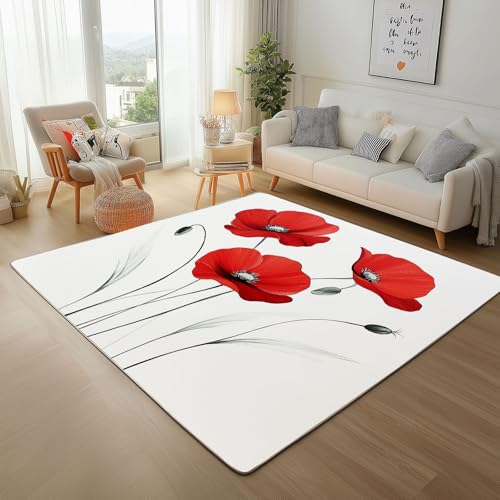 Dpvbffx Rot Mohn Teppich Wohnzimmer, Blumenmuster Kurzflor Teppich 140x200 cm, Botanisch Blumen Kunst Teppiche Antirutsch Weich Waschbare Teppiche Kinderzimmer Schlafzimmer Bettvorleger Dpvbffx Rot Mohn Teppich Wohnzimmer, Blumenmuster Kurzflor Teppich 140x200 cm, Botanisch Blumen Kunst Teppiche Antirutsch Weich Waschbare Teppiche Kinderzimmer Schlafzimmer Bettvorleger von Dpvbffx