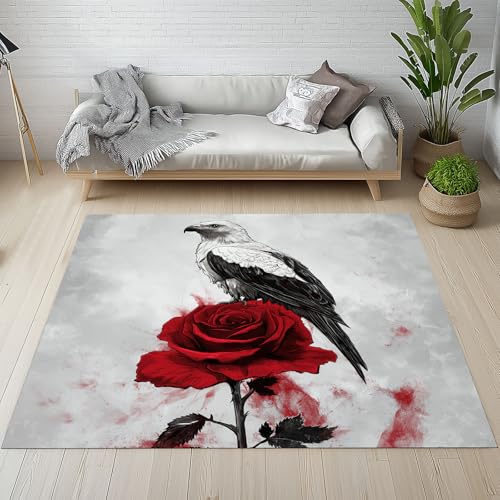 Dpvbffx Rote Rose Adler Teppich Wohnzimmer, Gotisch Blumen Vogel Kurzflor Teppich 140x200 cm, Aquarell Illustration Teppiche Antirutsch Weich Waschbare Teppiche Kinderzimmer Schlafzimmer Bettvorleger von Dpvbffx