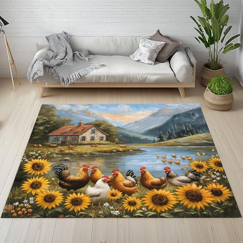 Dpvbffx Rustikale Teppich Wohnzimmer, Sonnenblume Bauernhof Tier Kurzflor Teppich 120x170 cm, Bauernhaus Huhn Teppiche Antirutsch Weich Waschbare Teppiche Kinderzimmer Schlafzimmer Bettvorleger von Dpvbffx