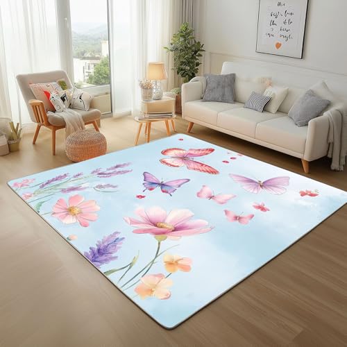 Dpvbffx Schmetterling Blumen Fußmatte 40x60cm, Natur Pflanzen Floral Teppich Klein Rutschfest, Frühling Landhaus Teppich Kurzflor, Waschbarer Teppiche Gegend Schmutzfangmatte fur Innen Outdoor Eingang von Dpvbffx