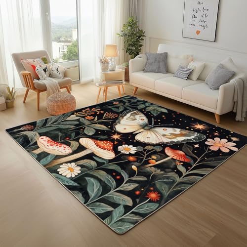 Dpvbffx Schmetterling Pilz Fußmatte 40x60 cm, Rustikale Natur Pflanzen Teppich Klein rutschfest, Botanisch Blätter Teppich Kurzflor, Waschbarer Teppiche Schmutzfangmatte fur Innen Outdoor Eingang von Dpvbffx