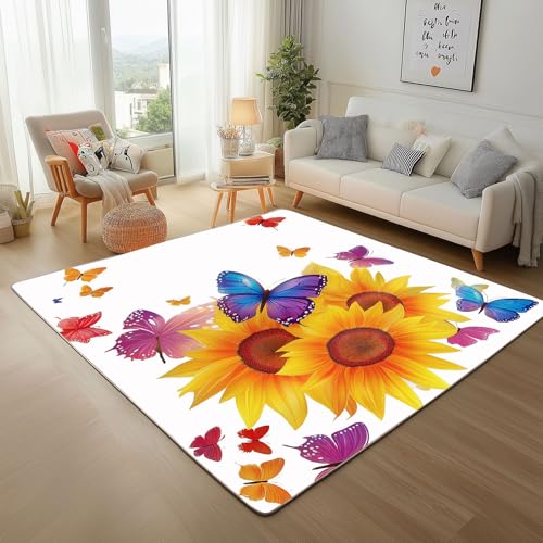 Dpvbffx Schmetterling Sonnenblume Teppich Groß 200x290 cm, Bunt Insekten Blumen Waschbare Teppiche Antirutsch, Floral Natur Teppich Weich Kurzflor Fur Wohnzimmer Schlafzimmer Kinderzimmer Bettvorleger von Dpvbffx