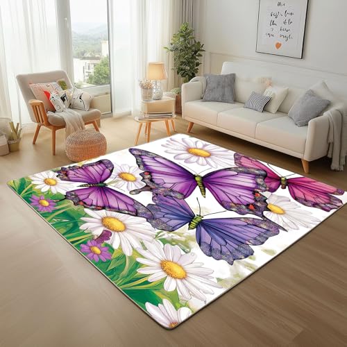 Dpvbffx Schmetterling Teppich Groß 245x300 cm, Insekten Blumen Waschbare Teppiche Antirutsch, Frühling Naturthema Teppich Weich Kurzflor Fur Wohnzimmer Schlafzimmer Kinderzimmer Bettvorleger von Dpvbffx