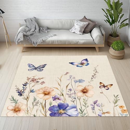 Dpvbffx Schmetterling Wildblumen Teppich Wohnzimmer, Aquarell Pflanzen Blumen Kurzflor Teppich 160x200 cm, Botanisch Teppiche Antirutsch Weich Waschbare Teppiche Kinderzimmer Schlafzimmer Bettvorleger von Dpvbffx