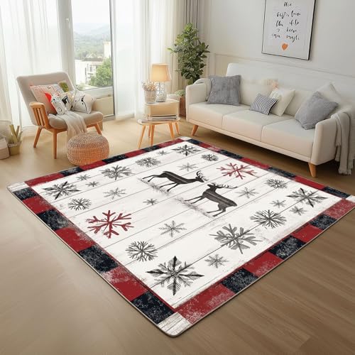Dpvbffx Schneeflocke Hirsch Teppich Wohnzimmer, Vintage Bauernhaus Kurzflor Teppich 140x200 cm, Rustikal Holz Plank Teppiche Antirutsch Weich Waschbare Teppiche Kinderzimmer Schlafzimmer Bettvorleger Dpvbffx Schneeflocke Hirsch Teppich Wohnzimmer, Vintage Bauernhaus Kurzflor Teppich 140x200 cm, Rustikal Holz Plank Teppiche Antirutsch Weich Waschbare Teppiche Kinderzimmer Schlafzimmer Bettvorleger von Dpvbffx