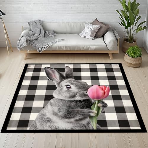Dpvbffx Schwarz Weiß Gingham Teppich Wohnzimmer, Nette Kaninchen Blumen Kurzflor Teppich 120x170 cm, Bauernhaus Büffelkaro Teppiche Antirutsch Waschbare Teppiche Kinderzimmer Schlafzimmer Bettvorleger von Dpvbffx