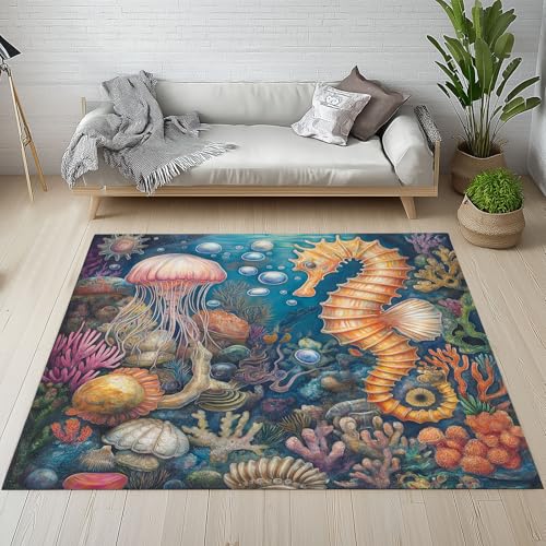 Dpvbffx Seepferdchen Qualle Teppich Groß 160x230 cm, Meereslebewesen Waschbare Teppiche Antirutsch, Ozean Unterwasserwelt Teppich Weich Kurzflor Fur Wohnzimmer Schlafzimmer Kinderzimmer Bettvorleger von Dpvbffx