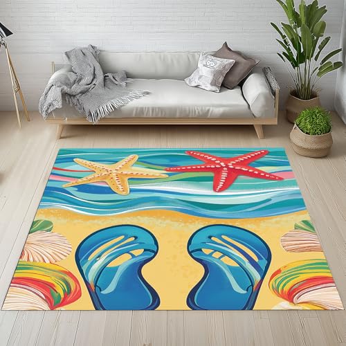 Dpvbffx Seestern Flip Flop Fußmatte 40x60 cm, Sommer Küste Strand Teppich Klein rutschfest, Tropisch Urlaub Ozean Teppich Kurzflor, Teppiche Gegend Schmutzfangmatte fur Innen Outdoor Eingang von Dpvbffx