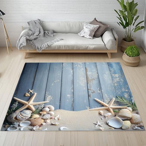 Dpvbffx Seestern Muschel Teppich Groß 200x290 cm, Küste Holzbrett Strand Waschbare Teppiche Antirutsch, Rustikale Nautische Teppich Weich Kurzflor Fur Wohnzimmer Schlafzimmer Kinderzimmer Bettvorleger von Dpvbffx