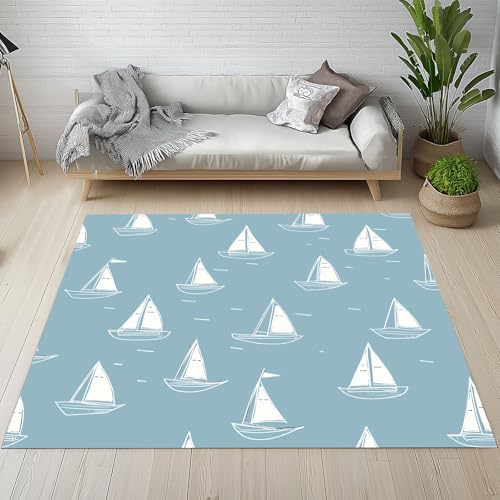 Dpvbffx Segelboot Teppich Wohnzimmer, Nautische Maritim Kurzflor Teppich 140x200 cm, Meer Küste Seemann Teppiche Antirutsch Weich Waschbare Teppiche Kinderzimmer Schlafzimmer Bettvorleger von Dpvbffx