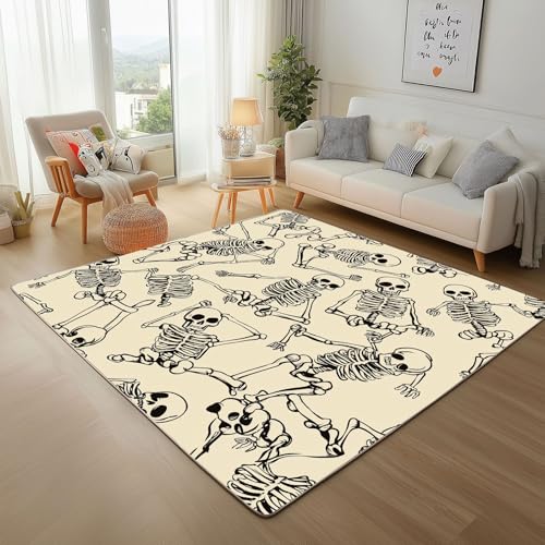 Dpvbffx Skelett Teppich rutschfest Weich, Totenkopf Knochen Teppich Wohnzimmer 80x120 cm, Halloween Schädel Teppiche Kurzflor Waschbare fur Schlafzimmer Badezimmer Kinderzimmer Schmutzfangteppich von Dpvbffx