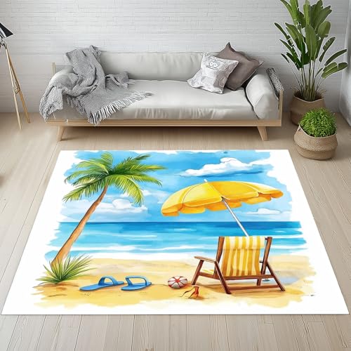 Dpvbffx Sommer Meer Strand Teppich Wohnzimmer, Hawaii Urlaub Küste Kurzflor Teppich 140x200 cm, Loungesessel Sonnenschirm Teppiche Antirutsch Waschbare Teppiche Kinderzimmer Schlafzimmer Bettvorleger von Dpvbffx
