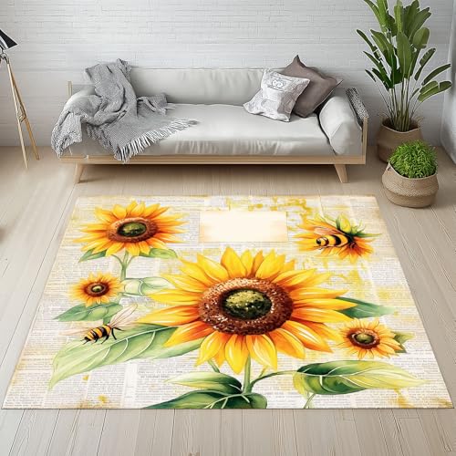Dpvbffx Sonnenblume Biene Fußmatte 50x80 cm, Blumen Alte Zeitung Teppich Klein Rutschfest, Nostalgisch Rustikale Teppich Kurzflor, Waschbarer Teppiche Gegend Schmutzfangmatte fur Innen Outdoor Eingang von Dpvbffx